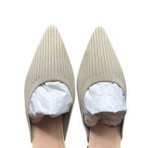 Beige Pointed Toe Knitted Mules With Low Block Heel By TUN